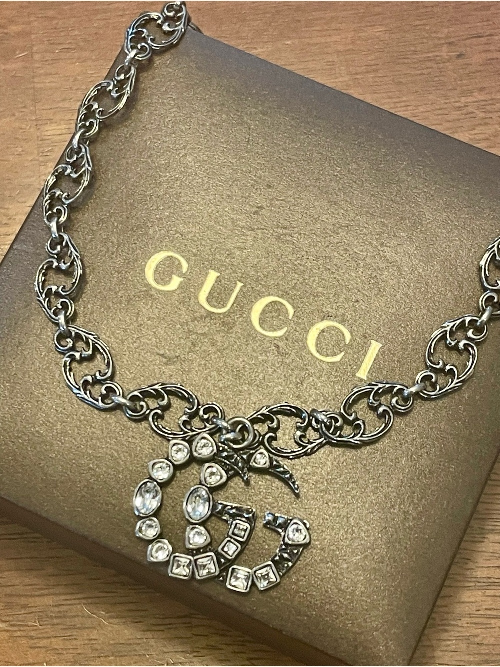 GUCCI~ 526913 “GG” Marmont Crystal Aged Silver Necklace